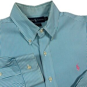 VTG Ralph Lauren Men L Custom Fit Shirt Turquoise White Striped Pony Logo Preppy